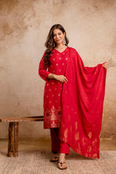 Rani Pink Maslin Kurta Set for Women | Weaving Jacquard Stitched Suit with Bottom & Dupatta | Elegant Ethnic Wear for Women Malaysia | Ready to Wear Kurti Set